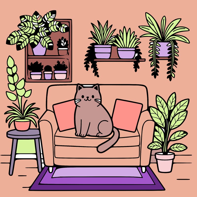 cat on a sofa in a room full of plants