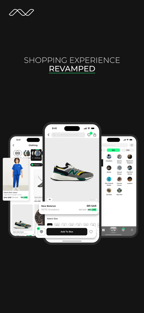 Schermate dell'app mobile Nejree che mostrano l'acquisto di sneakers e moda streetwear.