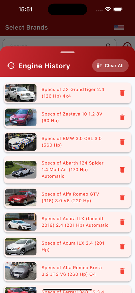 Tela de histórico do motor exibindo uma lista de especificações e modelos de carros visualizados recentemente