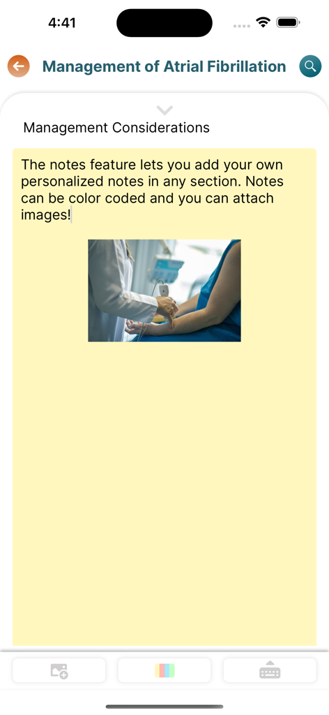 iGeriatrics - Screenshot of the iGeriatrics app showing the personalized notes feature with an image attachment for medical management