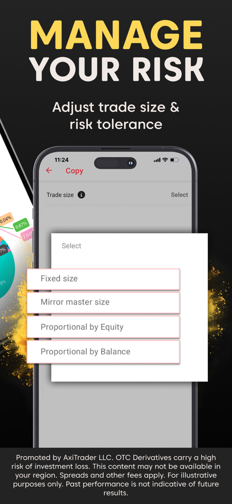 Mobile screen of Axi Copy Trading app showing risk management settings and trade size selection options.
