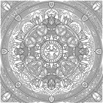 Embark on an epic coloring journey with this majestic Dwarf Guardian Mandala. This intricate design features powerful dwarven sentinels, armed with shields and axes, arranged in a perfectly symmetrical radial pattern, inviting you to bring their world to life.