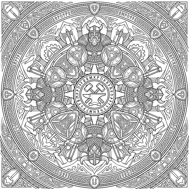 Embark on an epic coloring journey with this majestic Dwarf Guardian Mandala. This intricate design features powerful dwarven sentinels, armed with shields and axes, arranged in a perfectly symmetrical radial pattern, inviting you to bring their world to life.