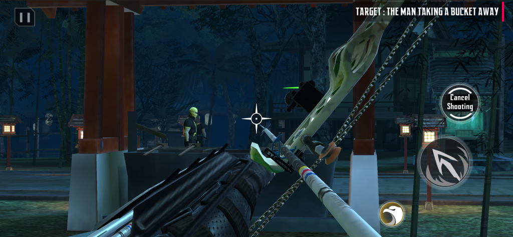 A first-person view of a ninja aiming a tactical bow at a target in a 3D sniper game.