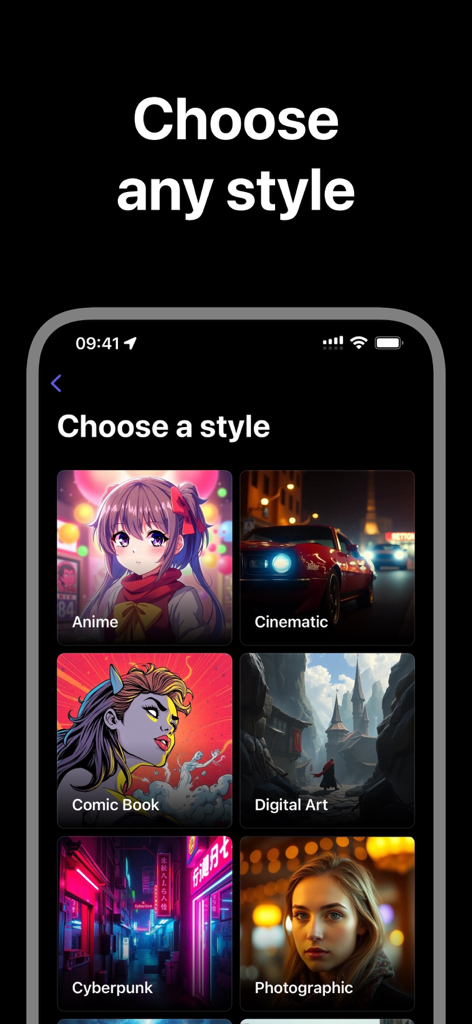 Faceless Video: AI Shorts - Interface of Faceless Video app showing different AI video styles like Anime Cinematic Comic Book Digital Art Cyberpunk and Photographic
