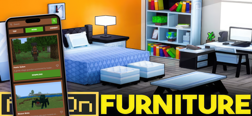 ModCraft - add ons for MCPE - ModCraft app showing Minecraft PE furniture and mob addons on a mobile screen