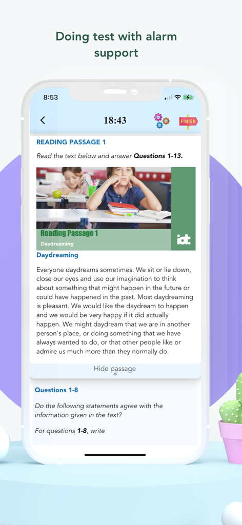 IELTS Reading - Advanced - A mobile phone screen displaying an IELTS academic reading passage about daydreaming with a countdown timer at the top for exam practice.