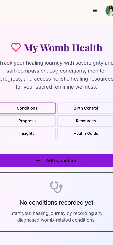WombWisdom by Nourishment 101 - WombWisdom app dashboard for tracking womb health and holistic wellness resources