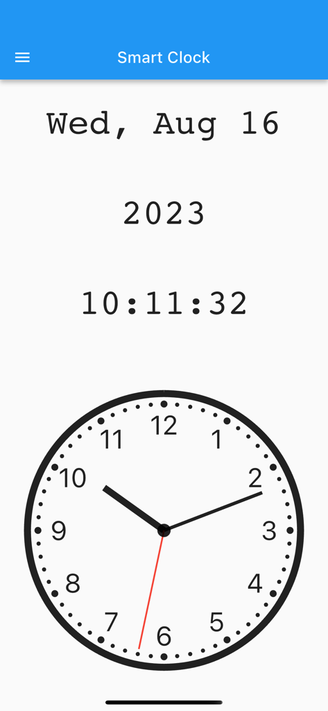 スマートデジタル＆アナログ時計アプリのインターフェイス。現在の日付と時刻が表示されています。