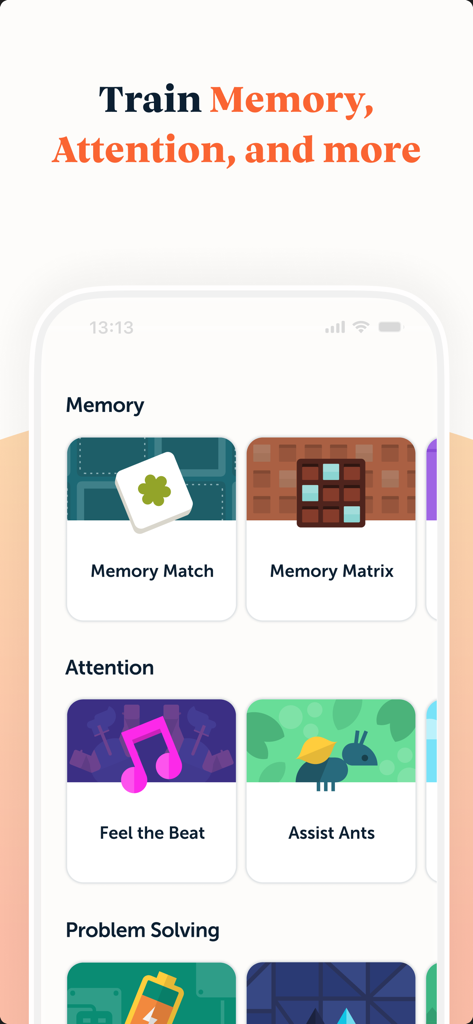 Lumosity: Brain Training Games - Pantalla de la aplicación móvil Lumosity que muestra diferentes categorías de juegos de entrenamiento cerebral para la memoria y la atención