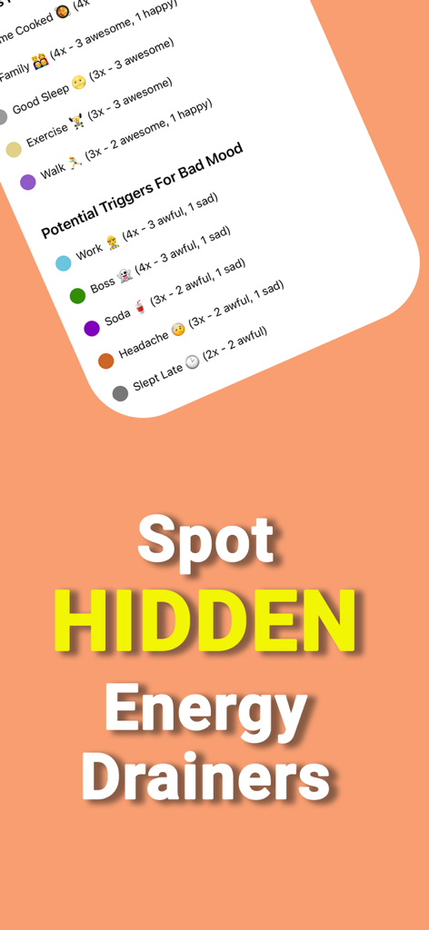Mood Feel Tracker MoodFeel - Screenshot of the MoodFeel app showing potential triggers for bad mood like work and boss with a text overlay Spot Hidden Energy Drainers