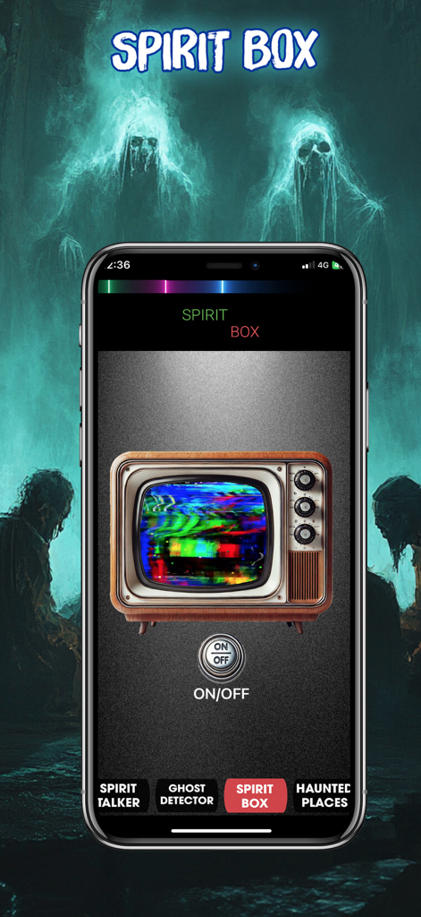 Spirit Whisper - Ghost Talker - Spirit Box feature interface in the Spirit Whisper ghost hunting app showing a vintage television screen with static.