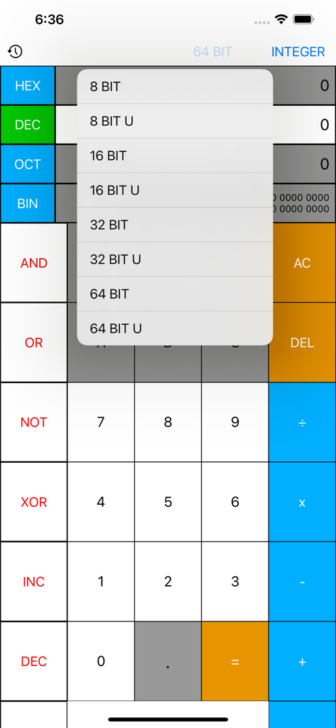 Bit depth selection menu in Programmer Calculator Pro for signed and unsigned integers from 8 to 64 bits