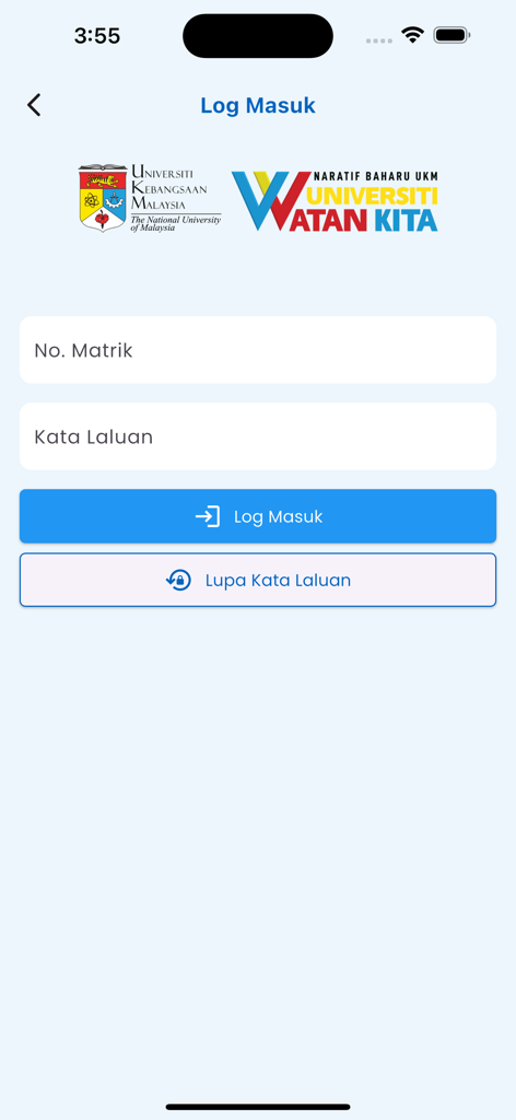 La interfaz de inicio de sesión para la app estudiantil UKM Siswa mostrando campos para el número de matrícula y la contraseña.