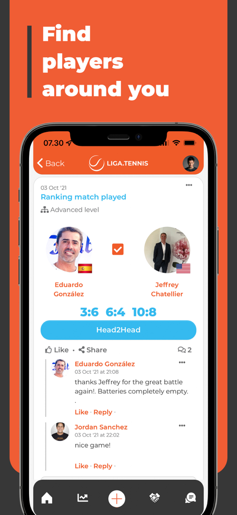 Screenshot of the Liga App showing a tennis ranking match result with scores and social community comments