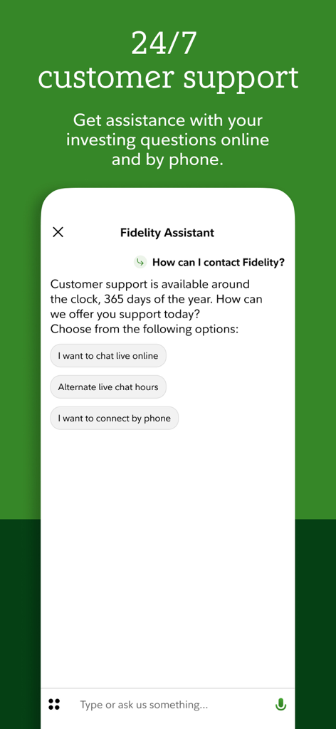 Fidelity Investments app customer support screen with 24/7 assistant options