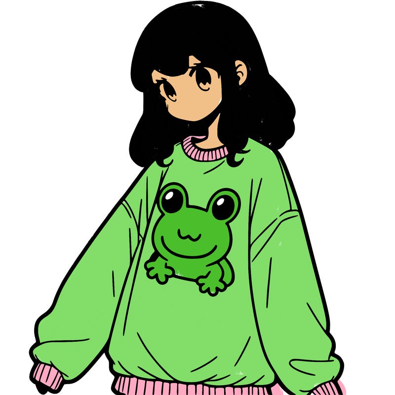 girl wearing frogging sweatshirt
