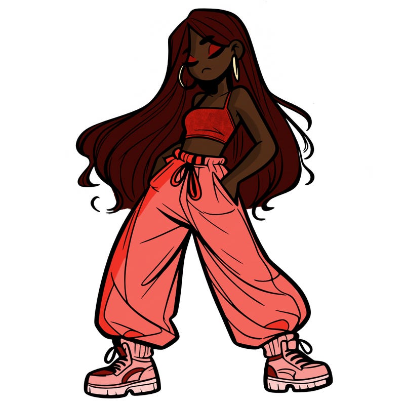 girl in baggy pants crop top and long hair