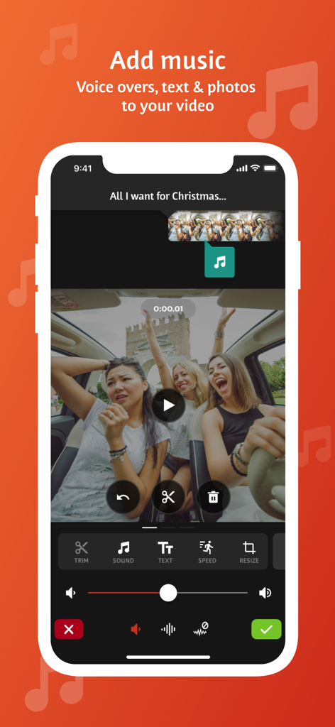 Interface do aplicativo Videoshop mostrando ferramentas para adicionar música, narrações e texto a um clipe de vídeo.
