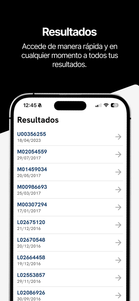 Interface mobile pour le Laboratorio Echevarne affichant la liste des résultats d'analyses et des enregistrements analytiques avec les dates.
