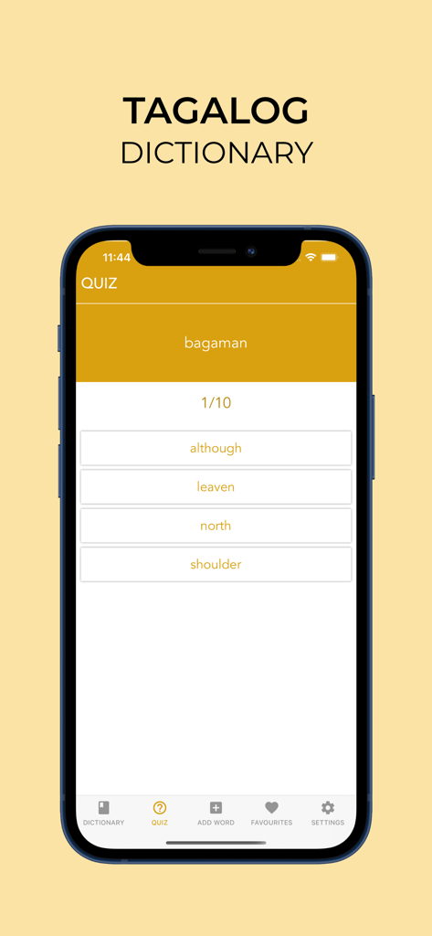 A smartphone screen displaying a Tagalog vocabulary quiz within the Tagalog Dictionary app.