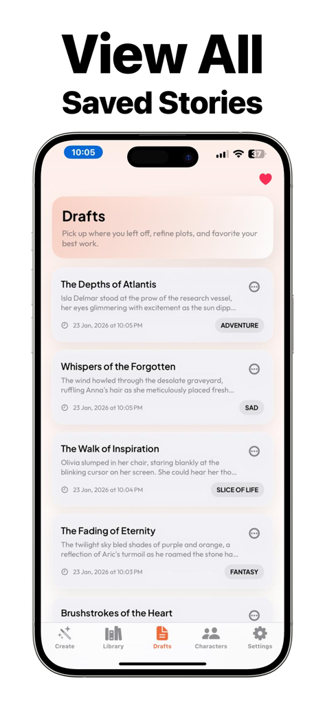 Novel AI - Story Generator - Una lista de borradores de historias guardadas en la aplicación Novel AI que muestra títulos como 'The Depths of Atlantis' y 'Whisper of the Forgotten' junto con sus géneros.
