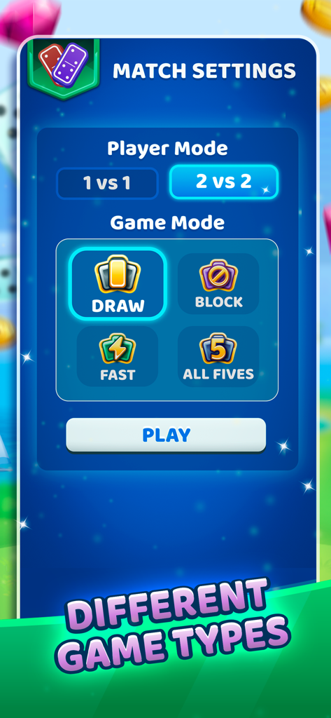Dominoes Battle: The Best Game - Dominoes Battle match settings screen showing options for player modes and game types like Draw, Block, and All Fives.