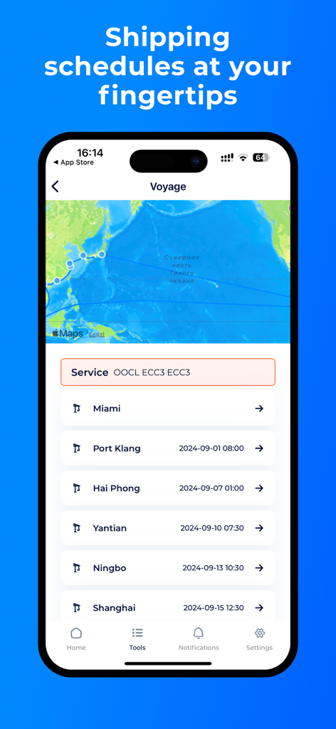 Captura de tela do aplicativo SeaRates exibindo um mapa de viagem e uma lista de horários de portos para transporte internacional