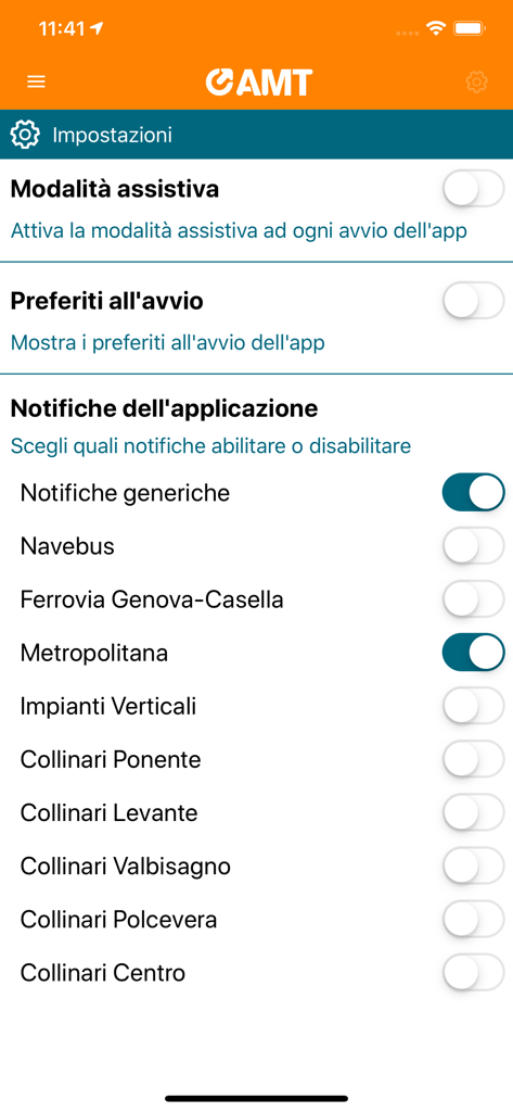 Settings screen of the AMT Genova app showing notification toggles for metro, ferry, and other transit services.