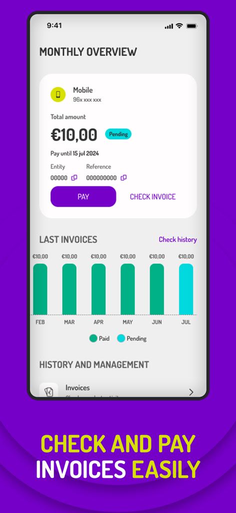 Visão geral mensal do aplicativo meu UZO mostrando o status de faturamento e um gráfico do histórico de faturas
