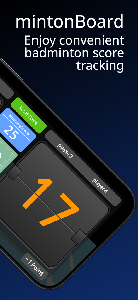 mintonBoard - mintonBoard app interface showing a digital badminton scoreboard with score tracking and custom winning score options