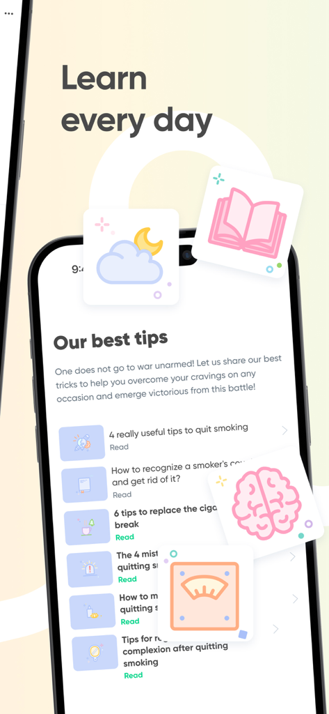 Screenshot of the Kwit app interface showing educational tips and articles to help users quit smoking using CBT techniques