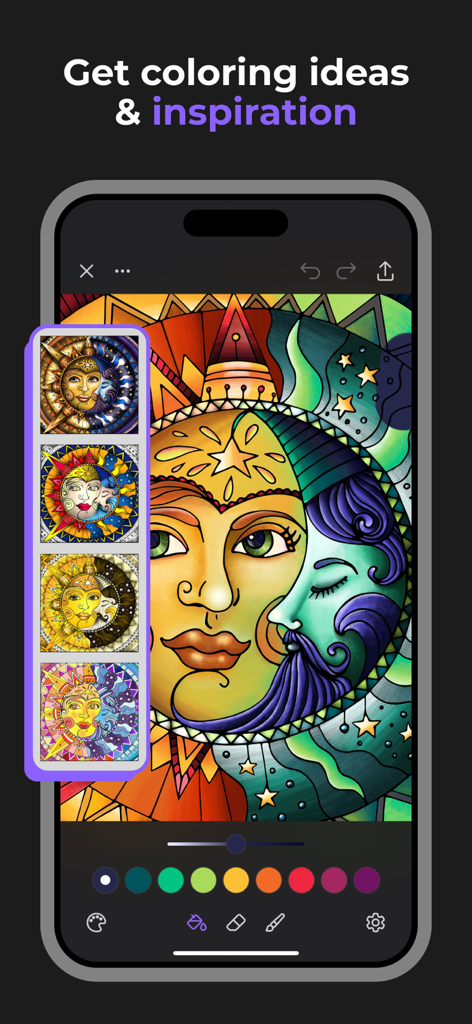 Pigment app interface showing coloring inspiration and ideas for a sun and moon illustration