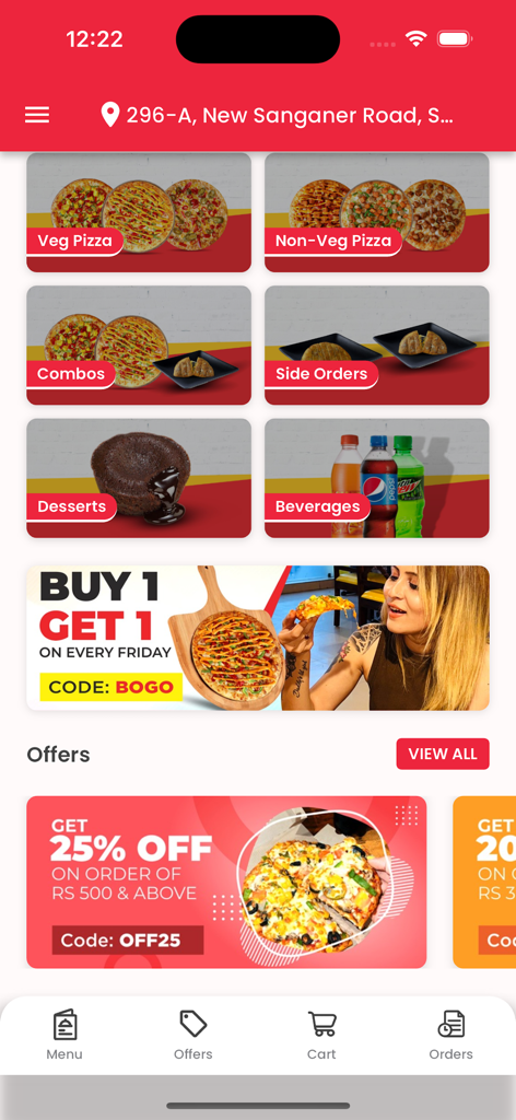 Rominus Pizza - Rominus Pizza mobile app interface showing menu categories and buy one get one promotional offers