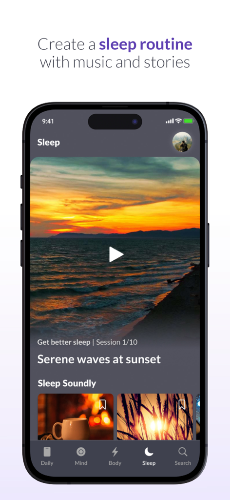 Gradual Life: Yoga, Meditation - Interfaz de rutina de sueño de la aplicación Gradual Life que muestra una sesión de video de olas serenas al atardecer.