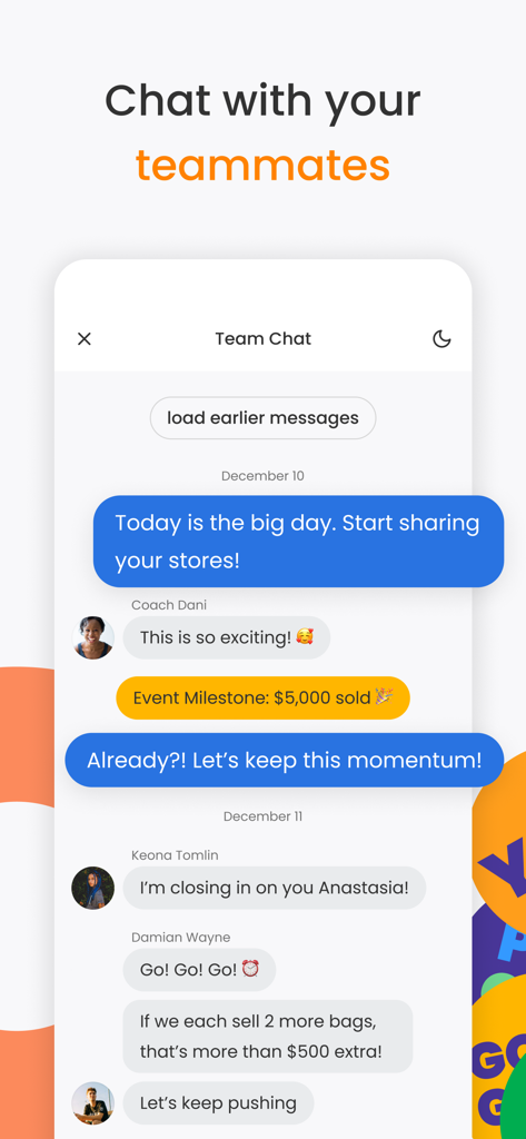 Double Good app team chat screen showing teammate messages and a sales milestone notification