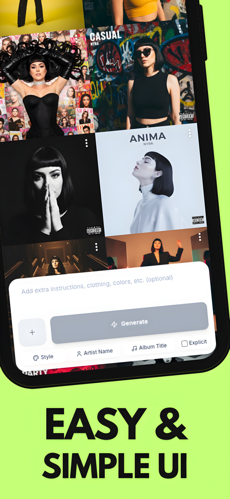 Interface do aplicativo móvel do Gerador de Capas de Álbum com IA com ferramentas de geração fáceis e exemplos de arte de capa artística