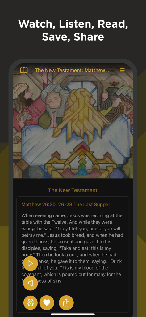 Interface de l'application Bible Wiedmann montrant une illustration peinte à la main de la Cène à côté des écritures du Nouveau Testament.