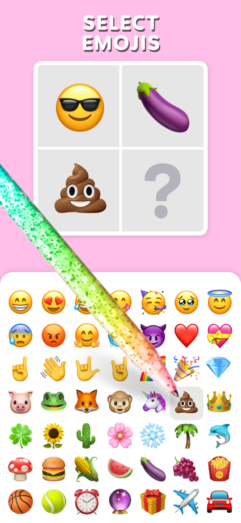 A mobile game screen showing an emoji selection grid with a glittery stylus selecting a poop emoji.