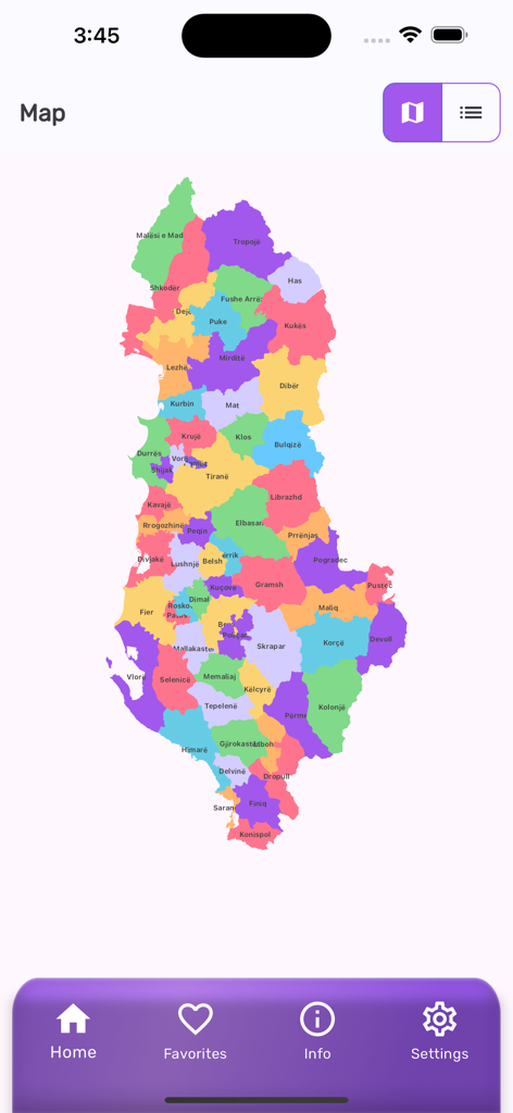 A color-coded map of Albania showing various regions in the TEA tourism events app.