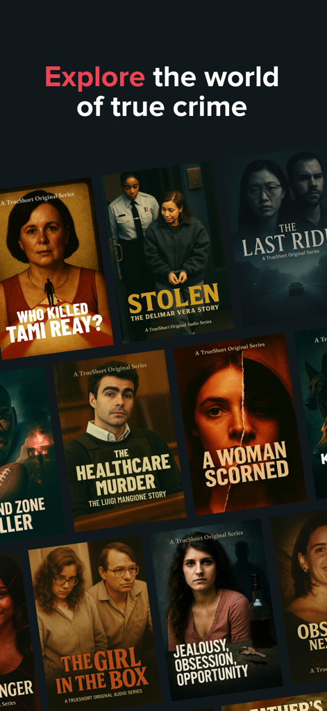 TrueShort - Stream True Crime - Ein Raster von True-Crime-Dokumentarserien-Postern innerhalb der TrueShort-App-Oberfläche.