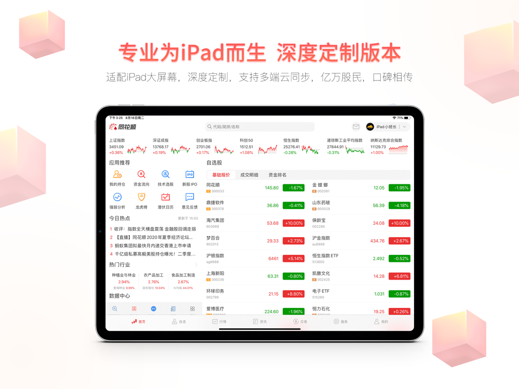 Flush HD stock trading app interface on an iPad showing market indices and watchlists.
