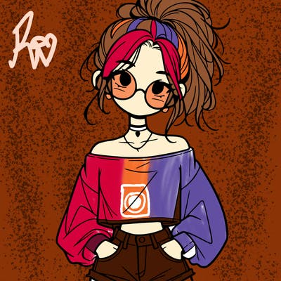 girl with a messy ponytail glasses a baggy crop top and jean shorts