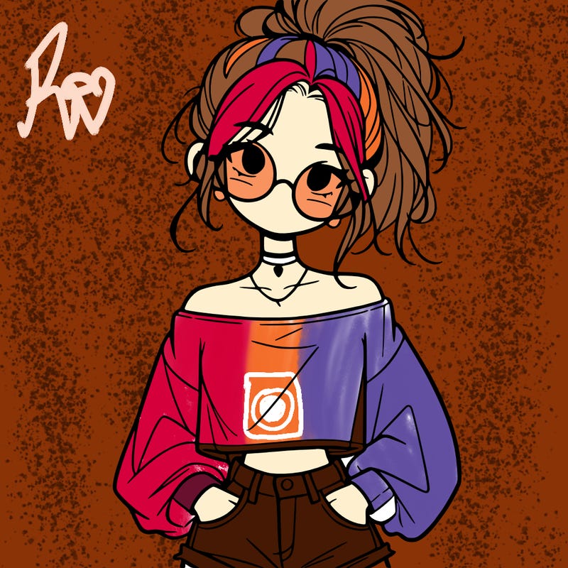 girl with a messy ponytail glasses a baggy crop top and jean shorts