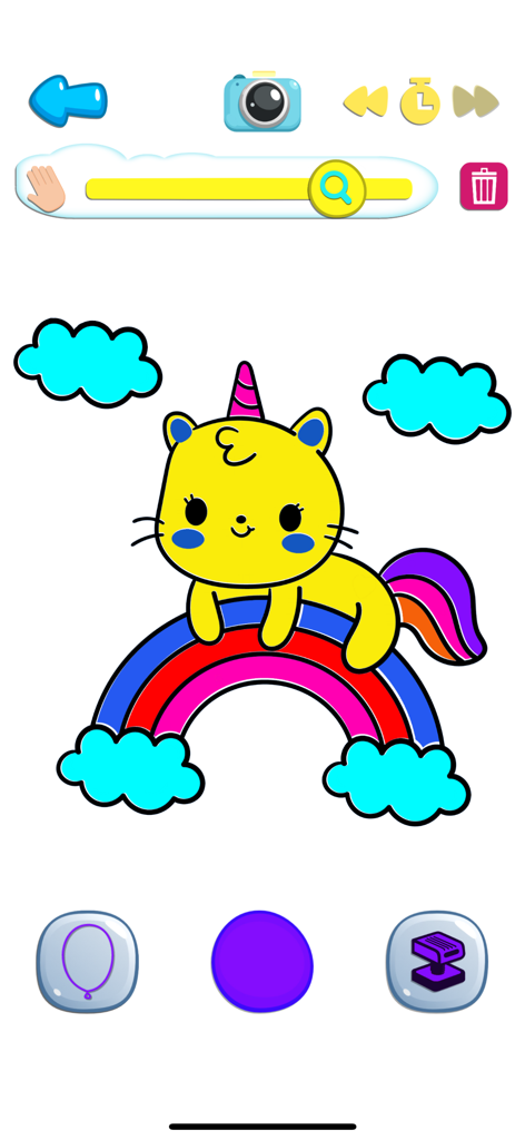 Kawaii Unicorn: Coloring World - Um gato unicórnio amarelo sentado em um arco-íris na interface do aplicativo Kawaii Unicorn Coloring World.