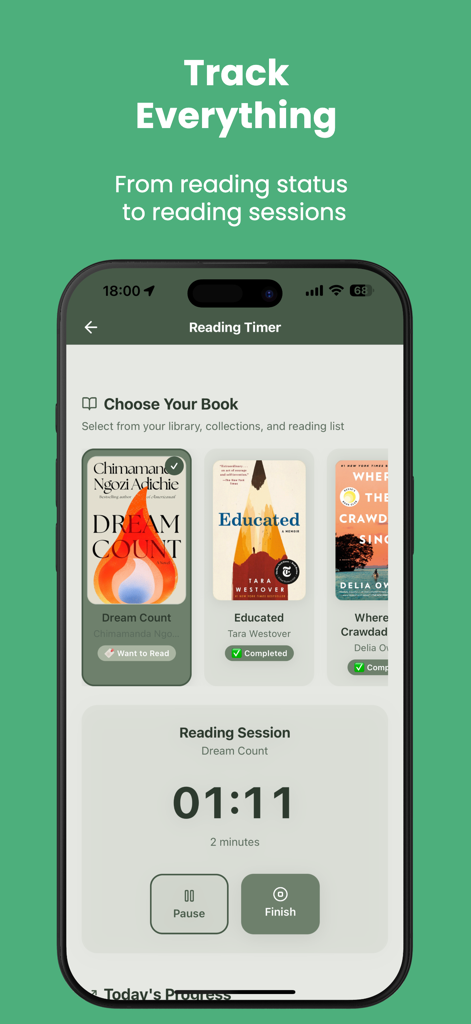 StoryStack mobile app screen displaying a reading timer and a selection of books to track reading sessions.