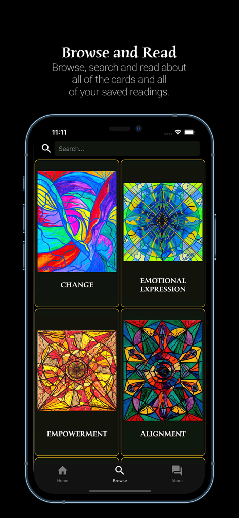 Una pantalla de aplicación móvil que muestra una galería de coloridas cartas de guía espiritual tituladas Cambio Expresión Emocional Empoderamiento y Alineación