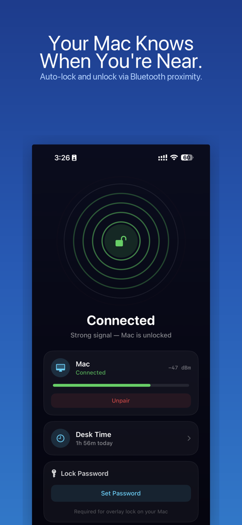 Unlock - Modern Proximity Lock - Oberfläche der Unlock-App, die einen per Bluetooth verbundenen Mac zur automatischen Sperrung und Entsperrung zeigt.