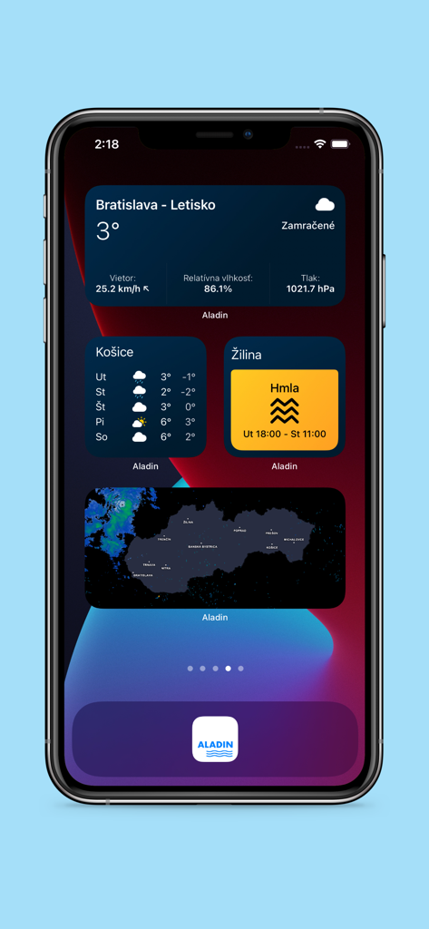 iPhone screen showing weather widgets with temperature forecasts and radar map for Slovakia