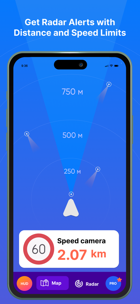 Interface do aplicativo Detector de Radar de Câmera de Velocidade mostrando o modo de radar com alertas de distância e indicador de limite de velocidade.